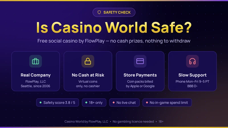 Is Casino World safe? Summary card: real company, no cash at risk, store payments, slow support