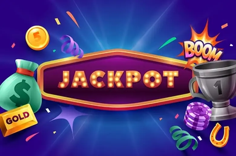 Illuminated jackpot sign with a trophy, coins and a money bag