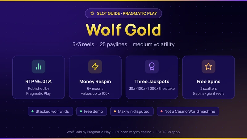 Wolf Gold at a glance: 96.01% RTP, Money Respin, three fixed jackpots and free spins on giant reels